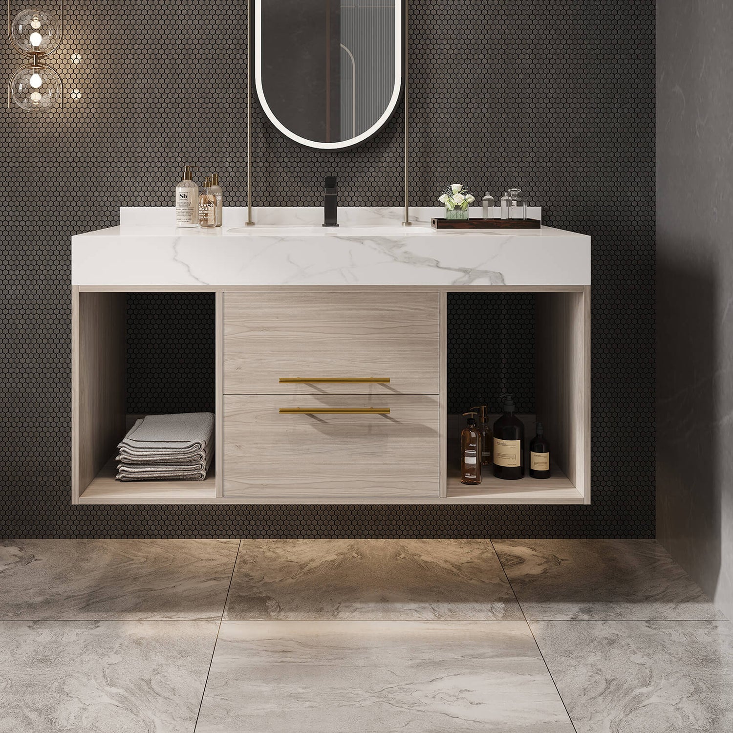 Modern White Oak Wall Mounted Vanity with Elegant Gold Handles