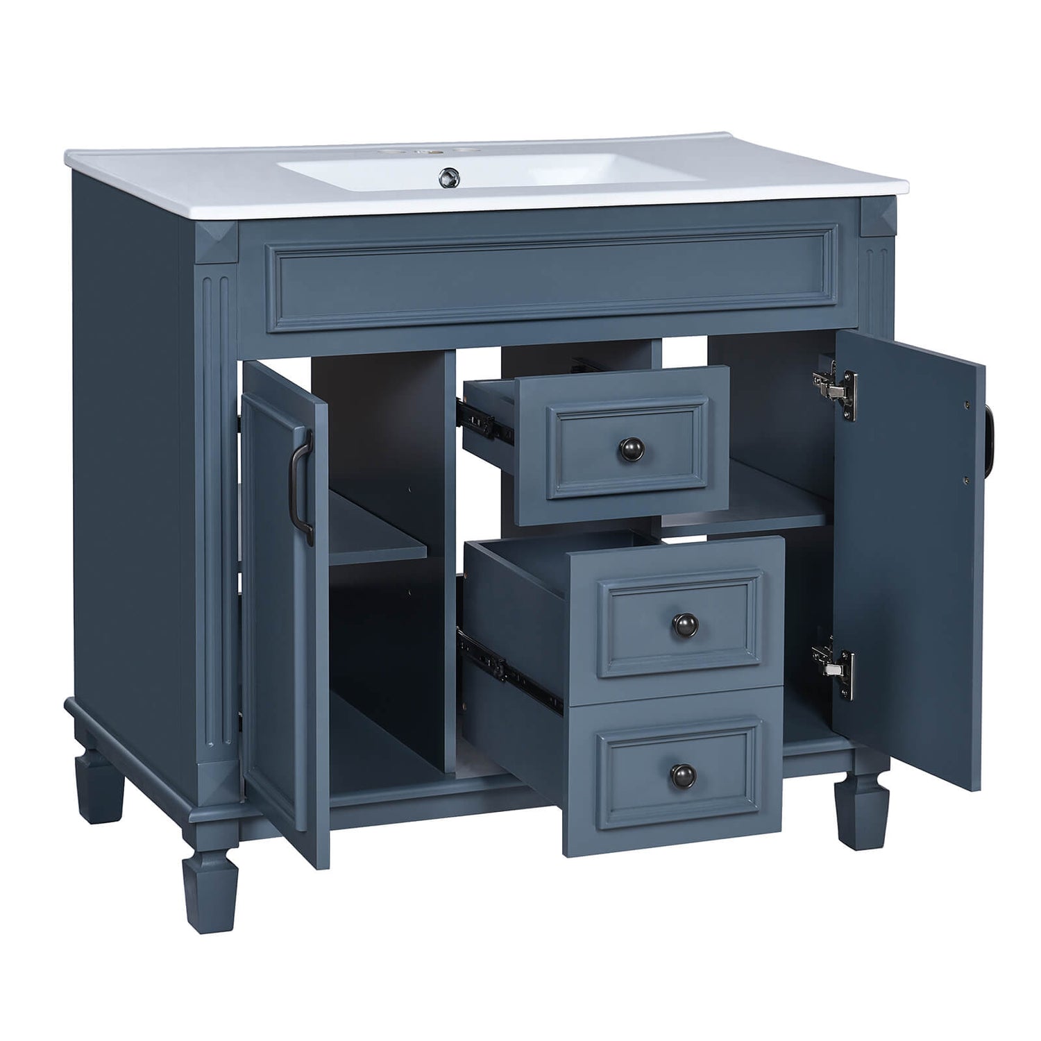 Modern bathroom vanity in blue with ample storage space and ceramic sink