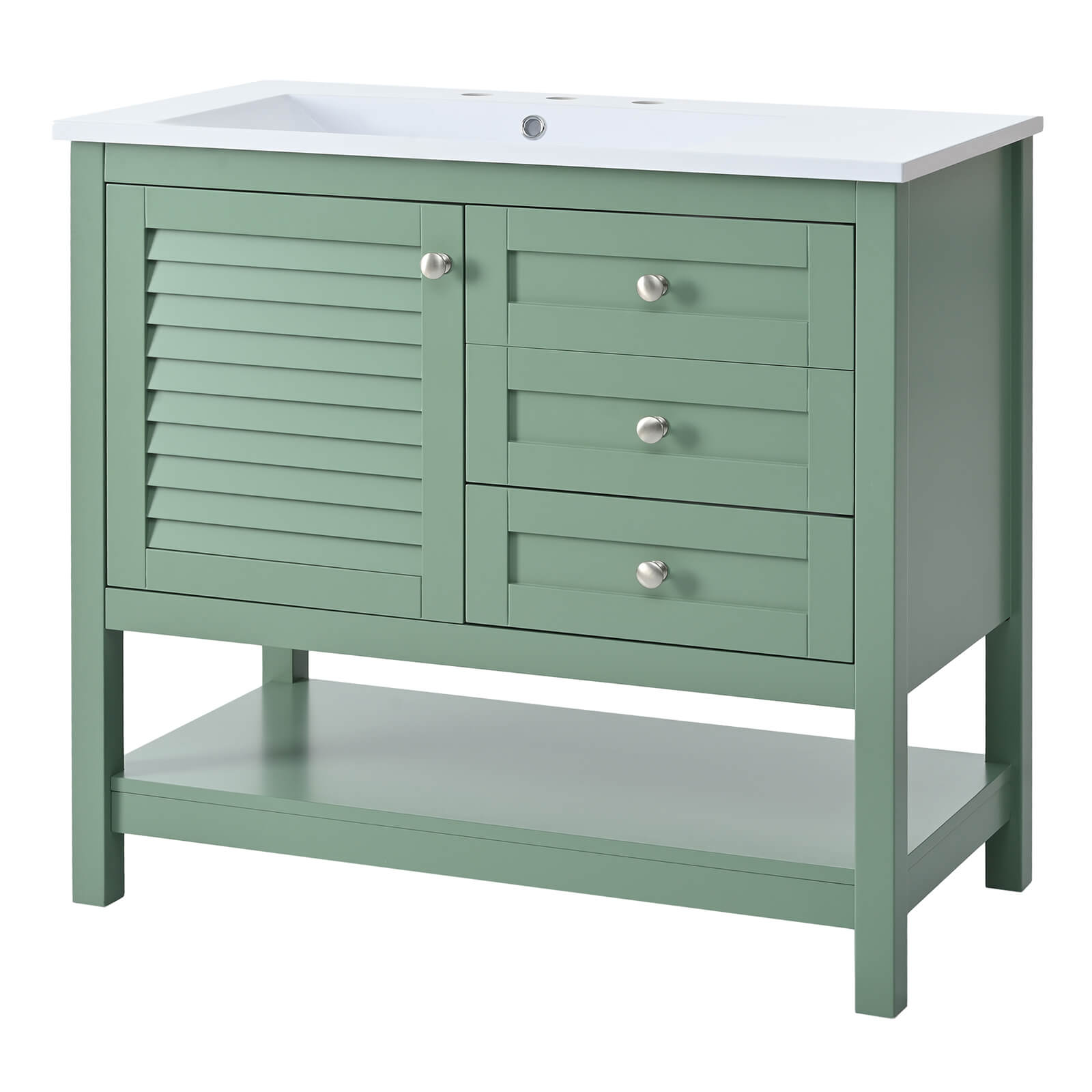 Modern bathroom vanity with green accents and louvered doors