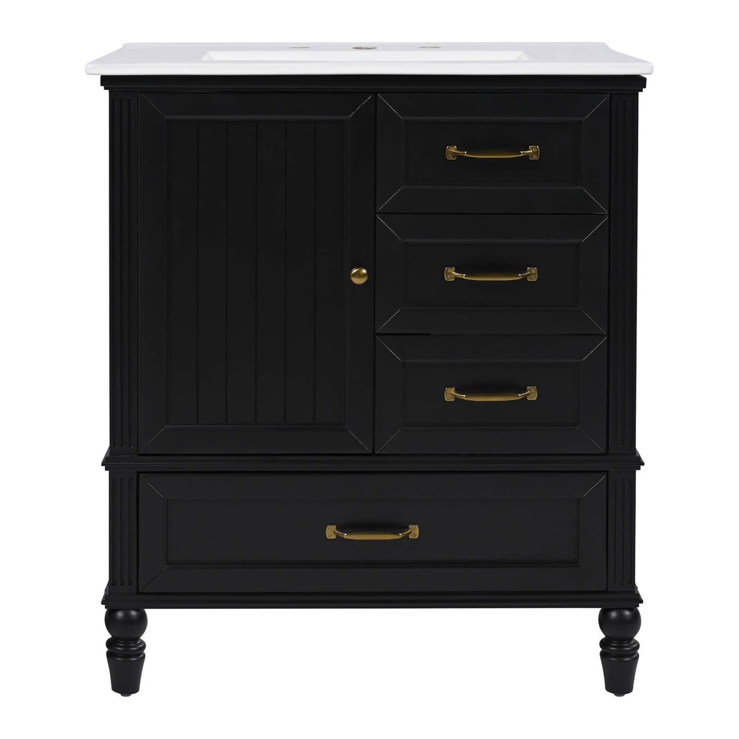 Modern black acacia wood vanity with three drawer configuration