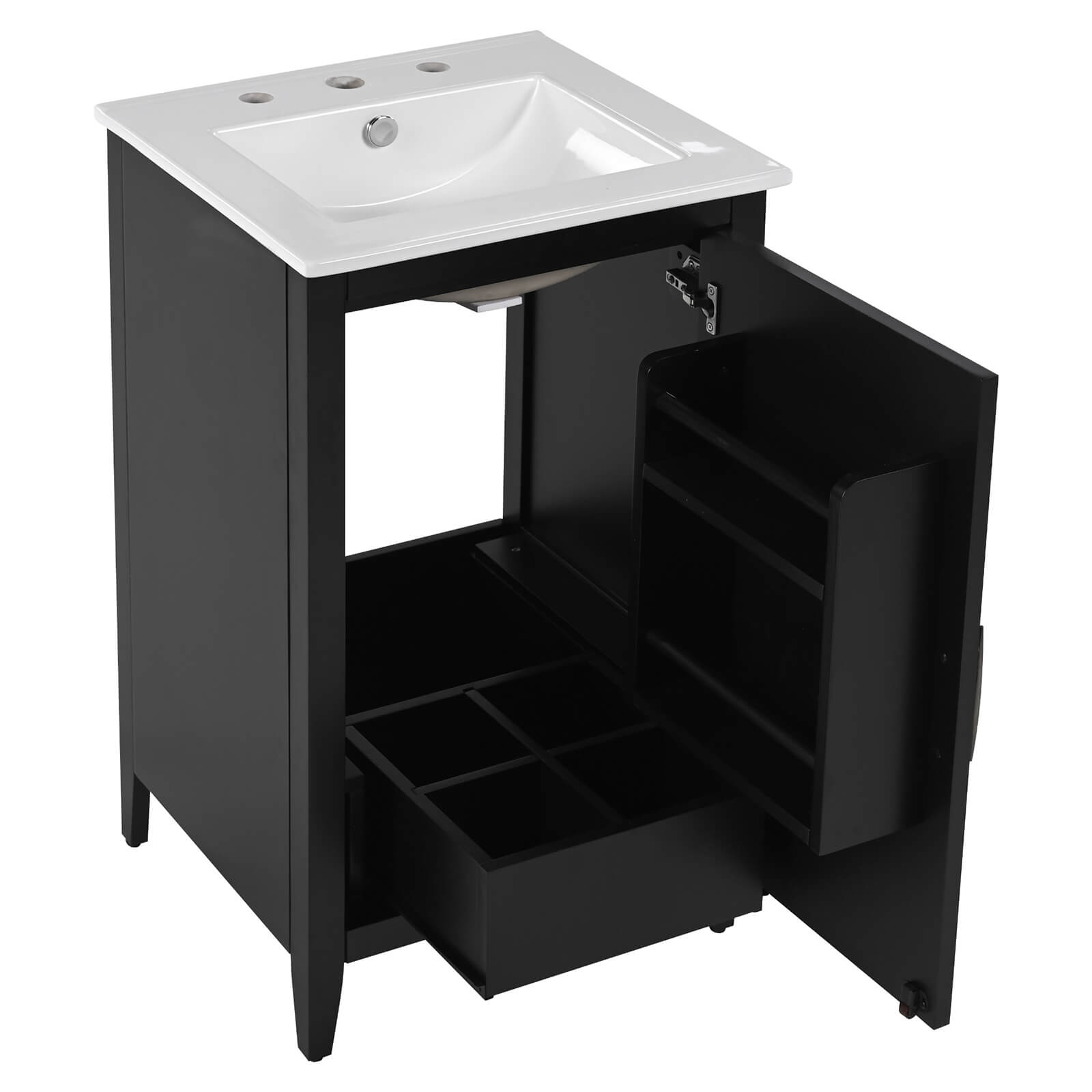 Modern black bathroom vanity with spacious under sink storage area