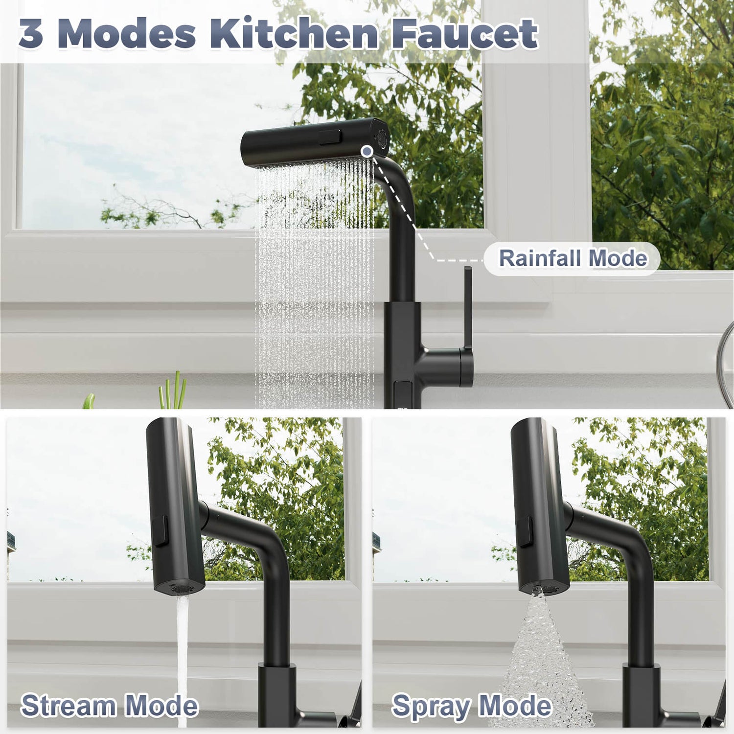 Modern black kitchen faucet with three spray modes and pull out sprayer