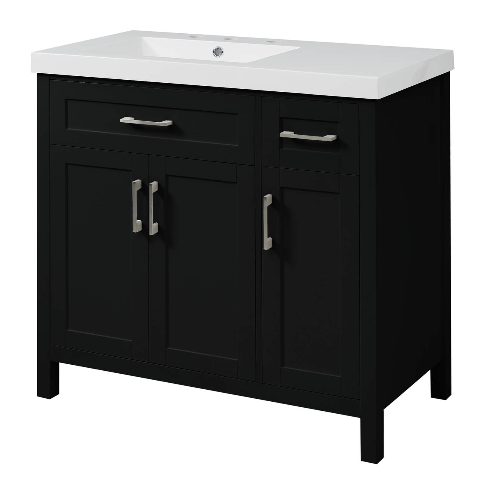 Modern black vanity with left offset sink for stylish bathroom design