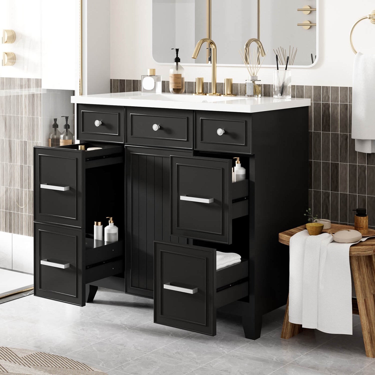 Modern black vanity with white resin sink for bathroom