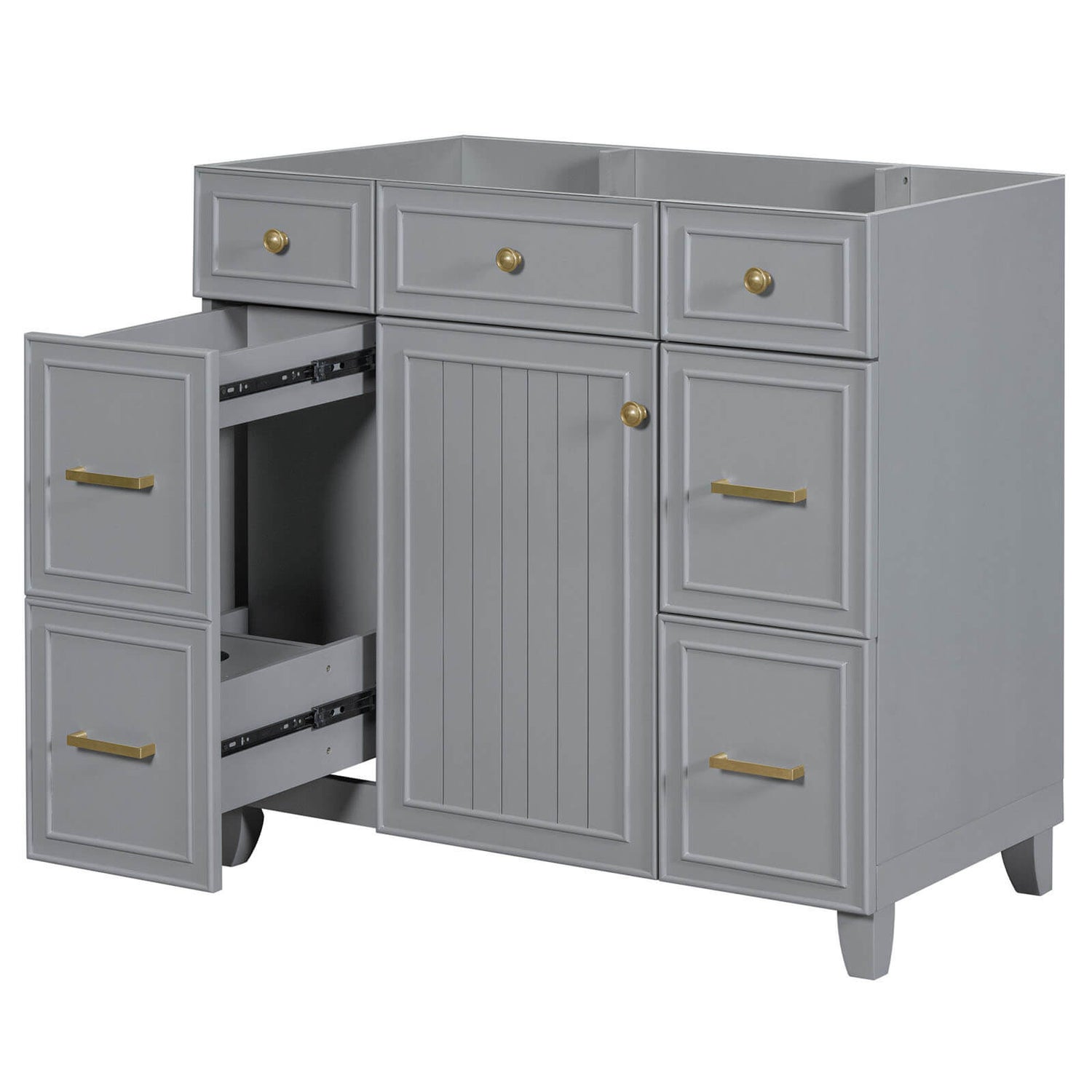 Modern freestanding gray vanity cabinet featuring gold accents and ample storage