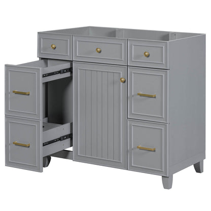 Modern freestanding gray vanity cabinet featuring gold accents and ample storage