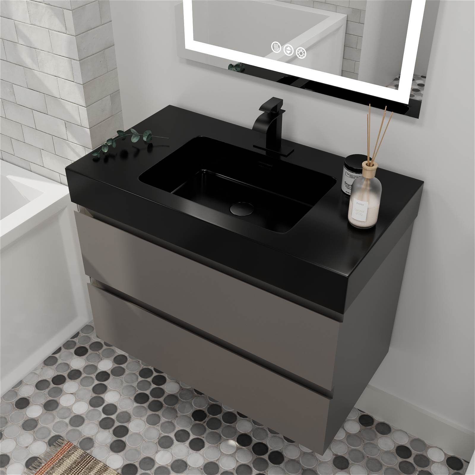 Modern gray bathroom vanity with sleek black integrated sink