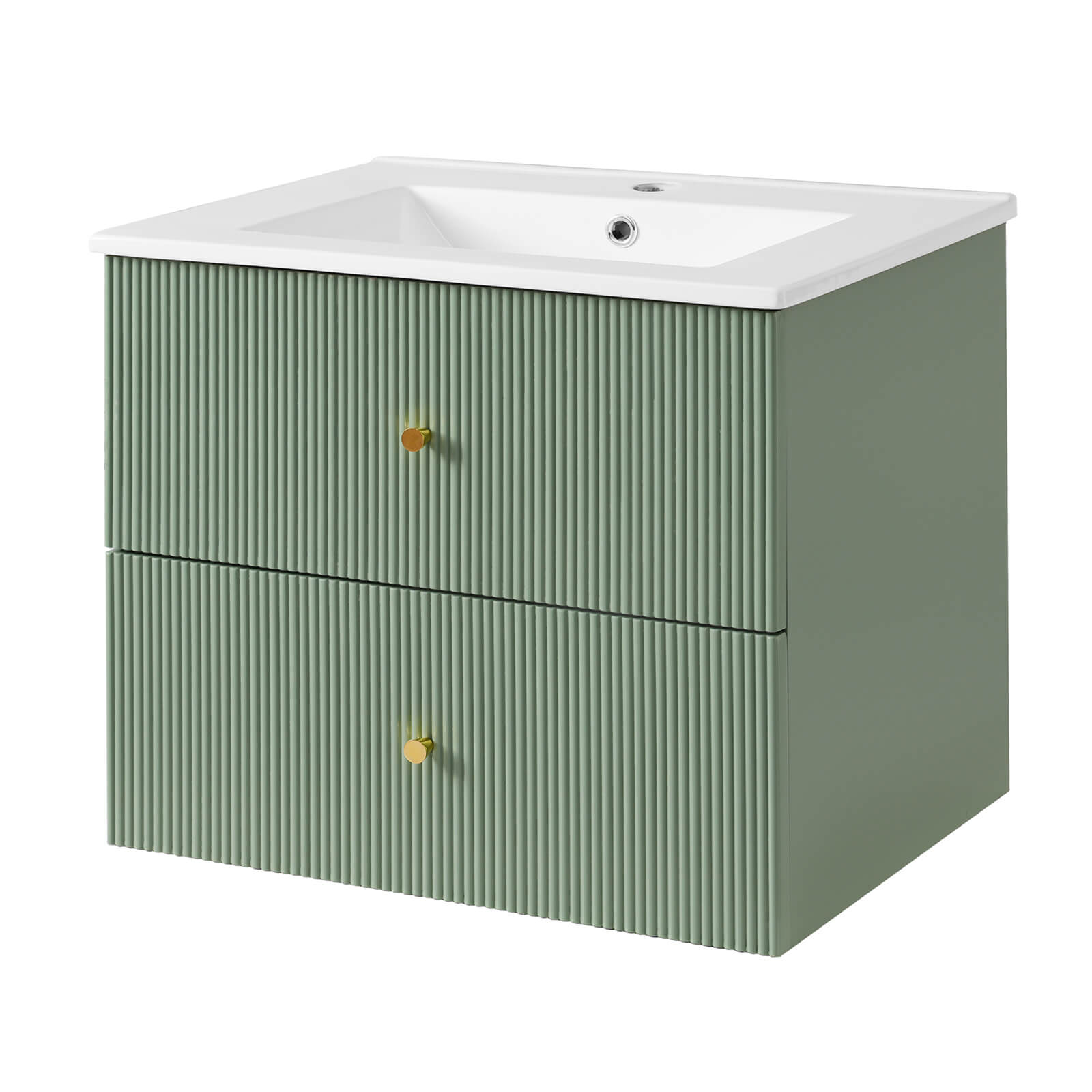 Modern green vanity in bathroom with ample storage and soft close drawers