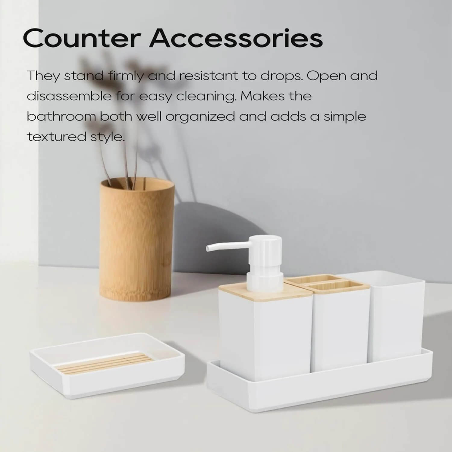 Modern matte white bamboo bathroom accessories set for organizing toiletries