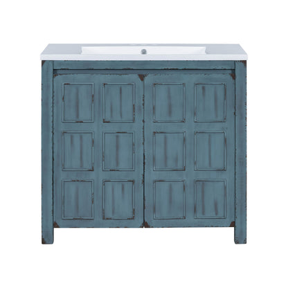 Modern retro blue bathroom vanity with rustic aged detailing