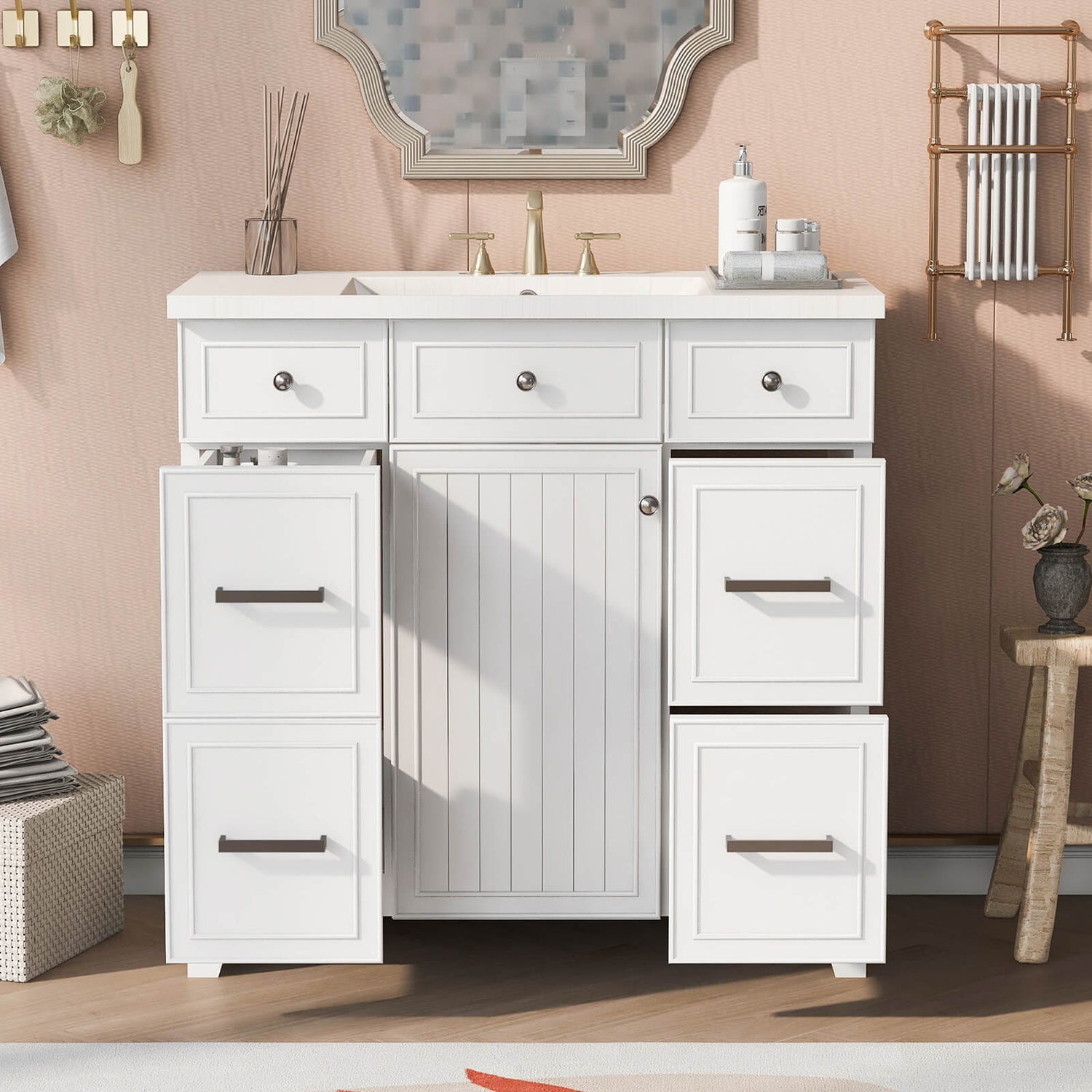 Modern white bathroom vanity featuring spacious single basin