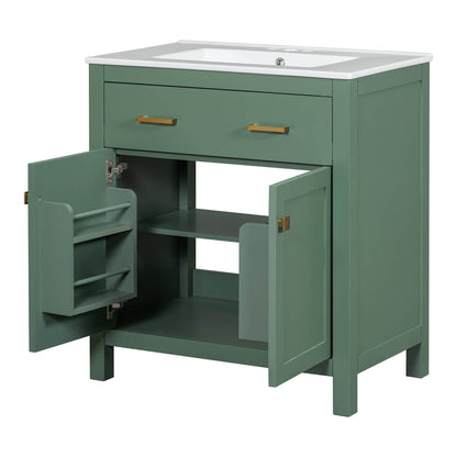 Modern 30-inch bathroom vanity with sage green finish and minimalist lines