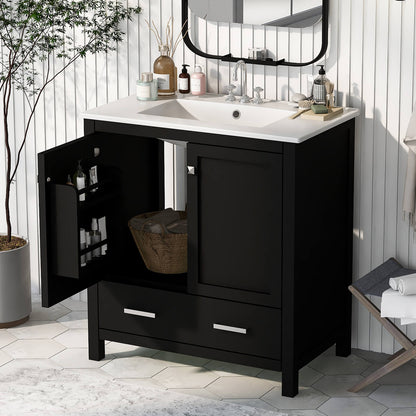 Modern 30 inch black vanity with sleek design and built-in shelf