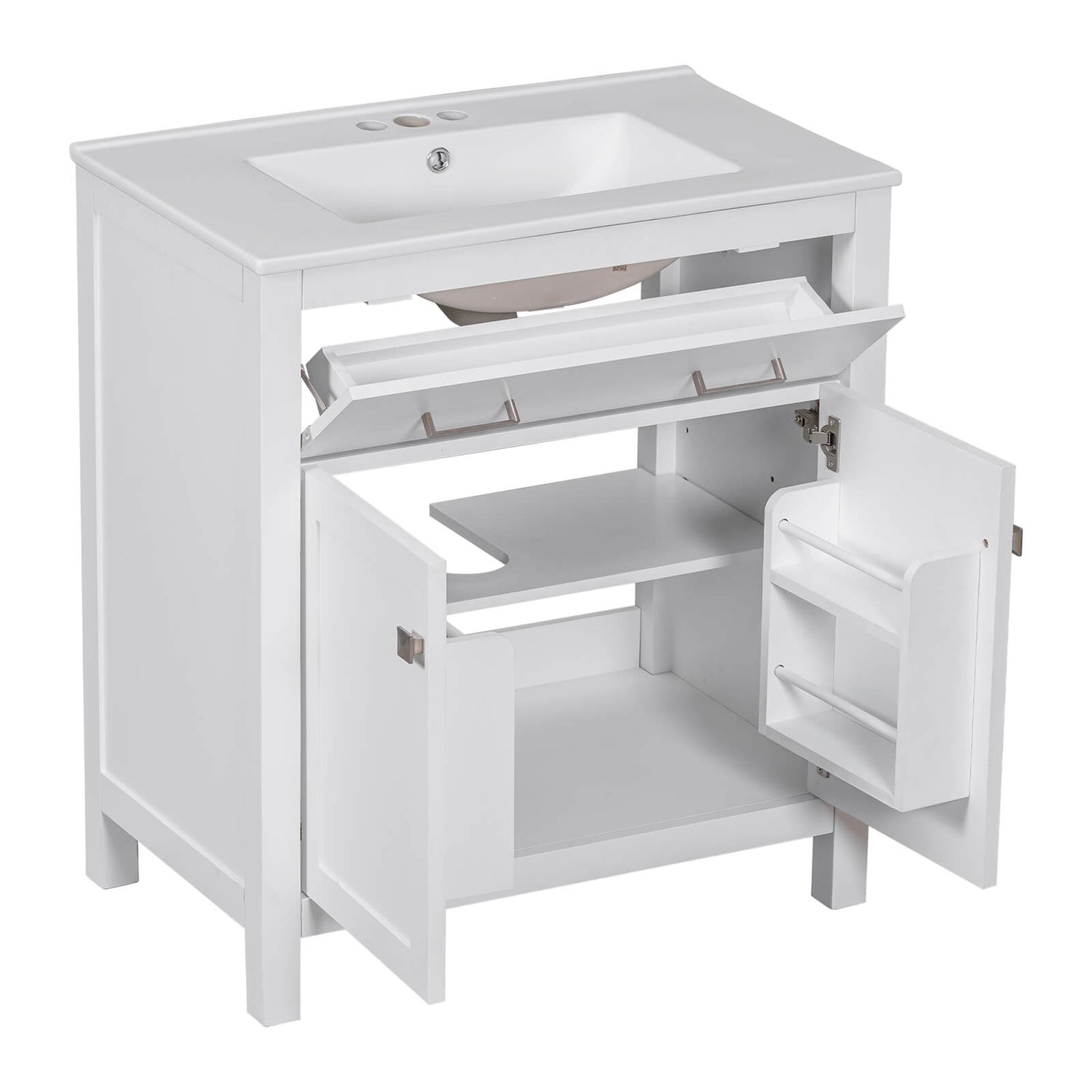 Modern 30 inch white bathroom vanity with functional storage and sleek sink design