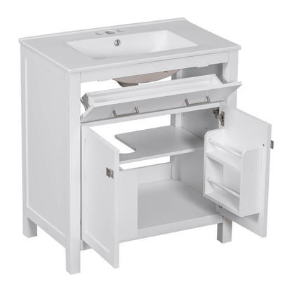 Modern 30 inch white bathroom vanity with functional storage and sleek sink design