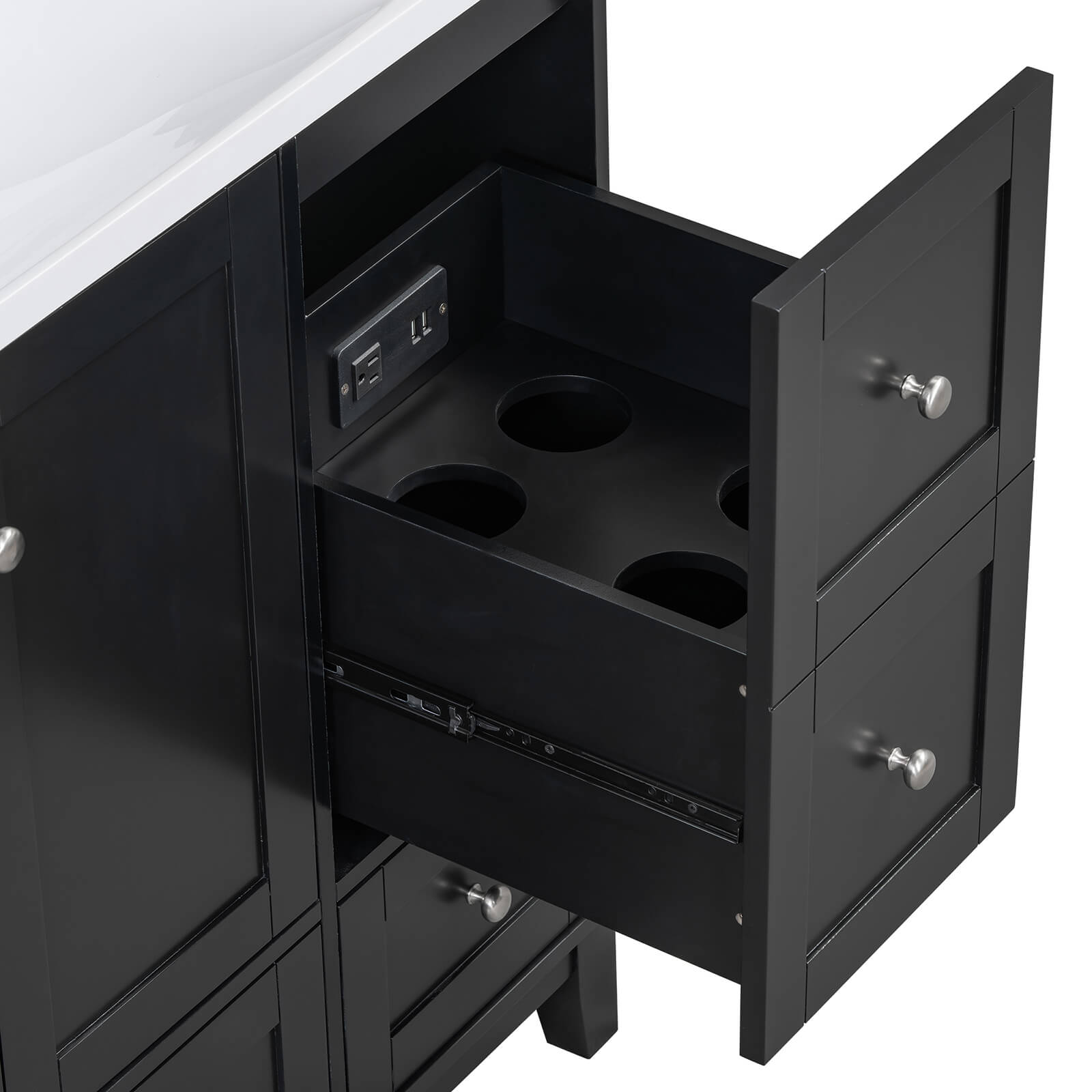 Modern 36 vanity with black finish and built-in USB charging feature