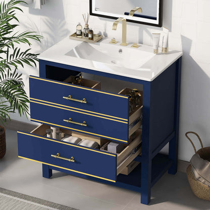 Modern Bathroom Setting with Navy Blue Vanity as Focal Point