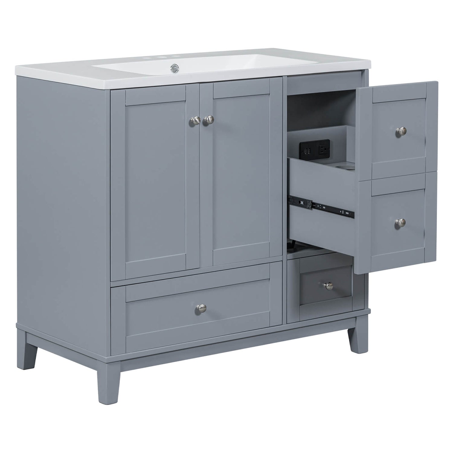 Modern bathroom vanity with gray finish and USB ports