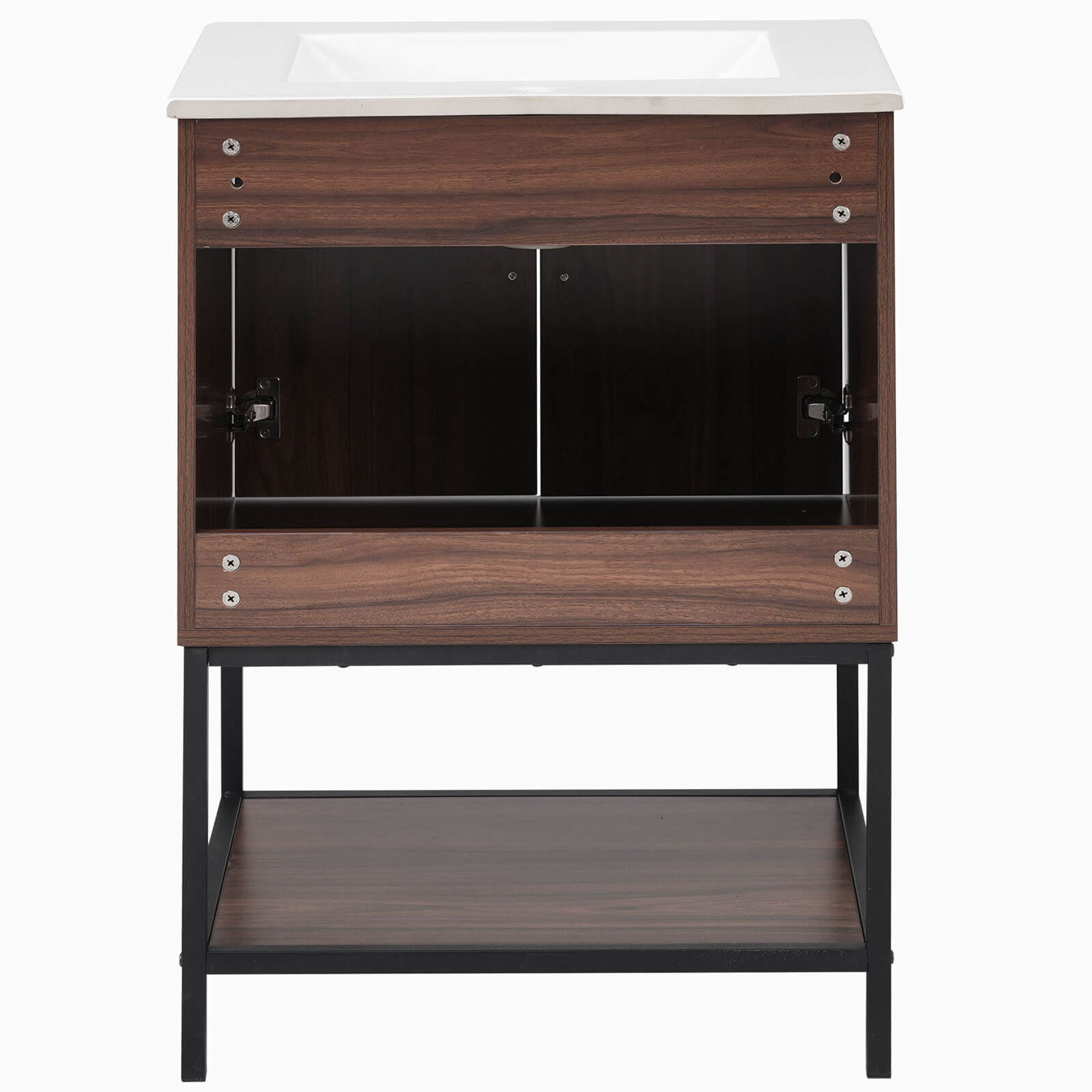 Modern bathroom vanity with iron frame and walnut finish