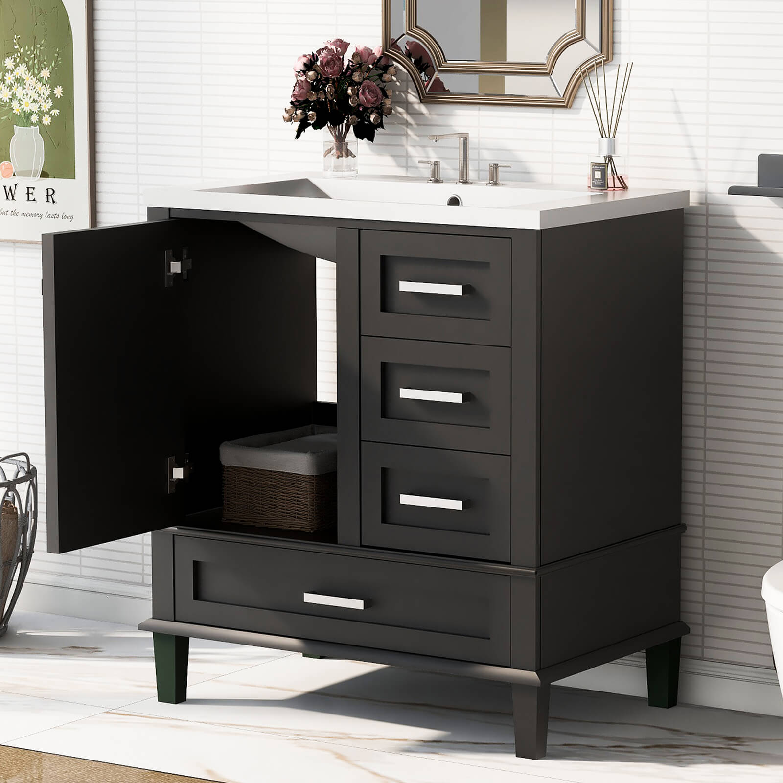 Modern black bathroom vanity with durable white ceramic top and elegant silver accents