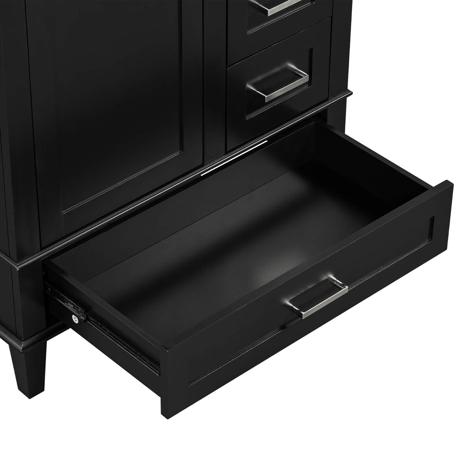 Modern black bathroom vanity with silver zinc alloy handles and white ceramic top