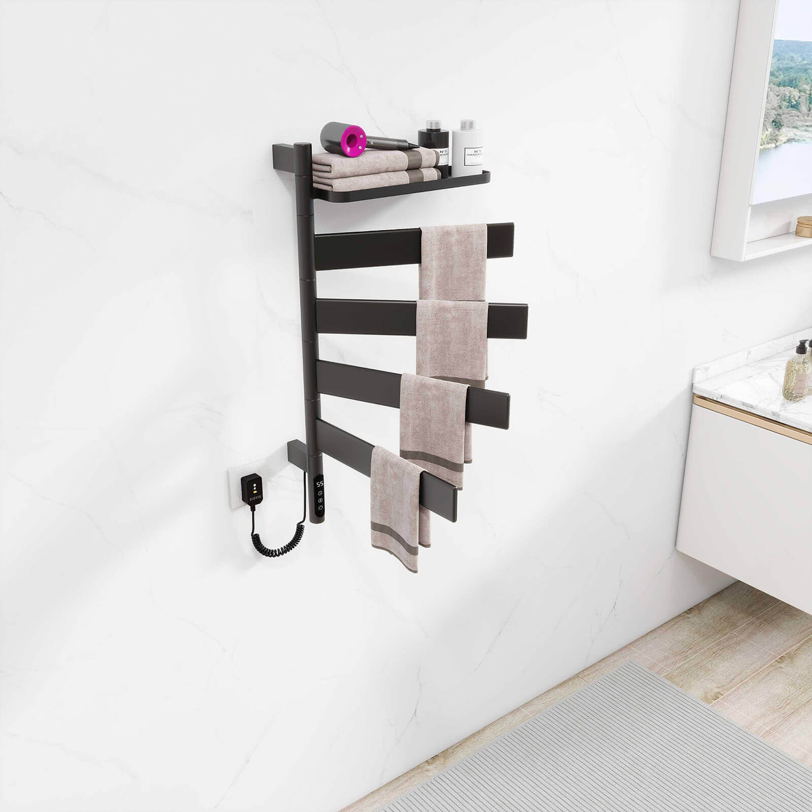 Modern black towel warmer with LED display