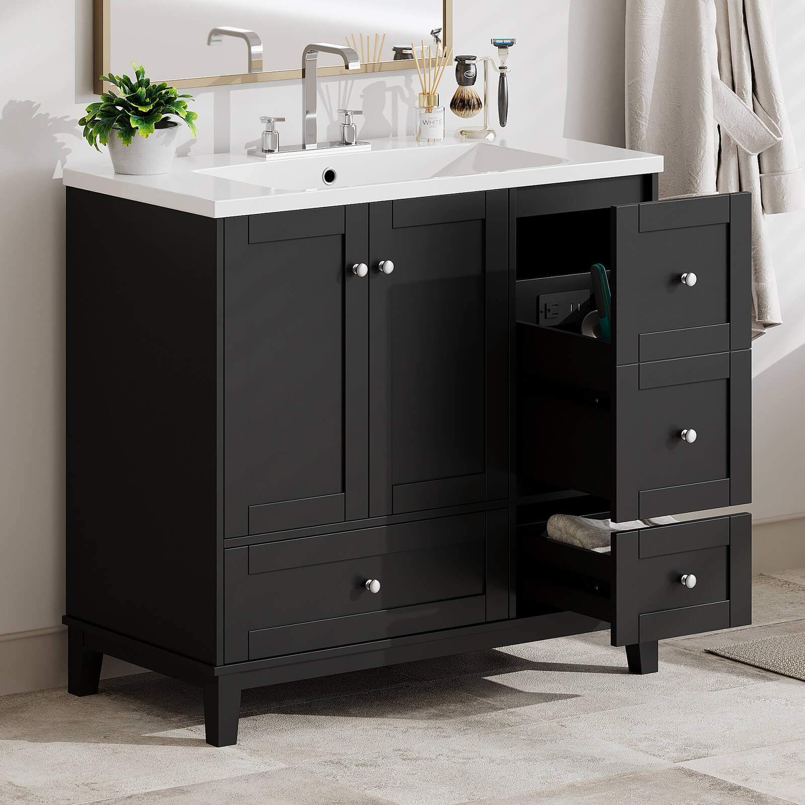 Modern black vanity with built-in USB ports and elegant design