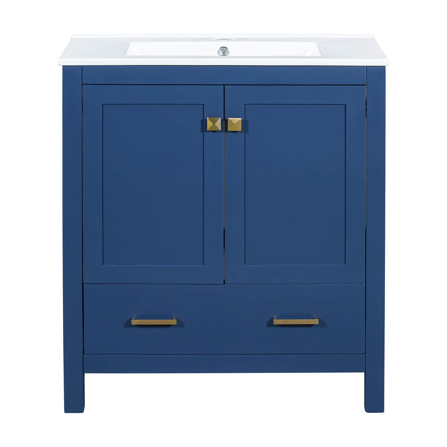 Modern blue vanity with built-in shelf