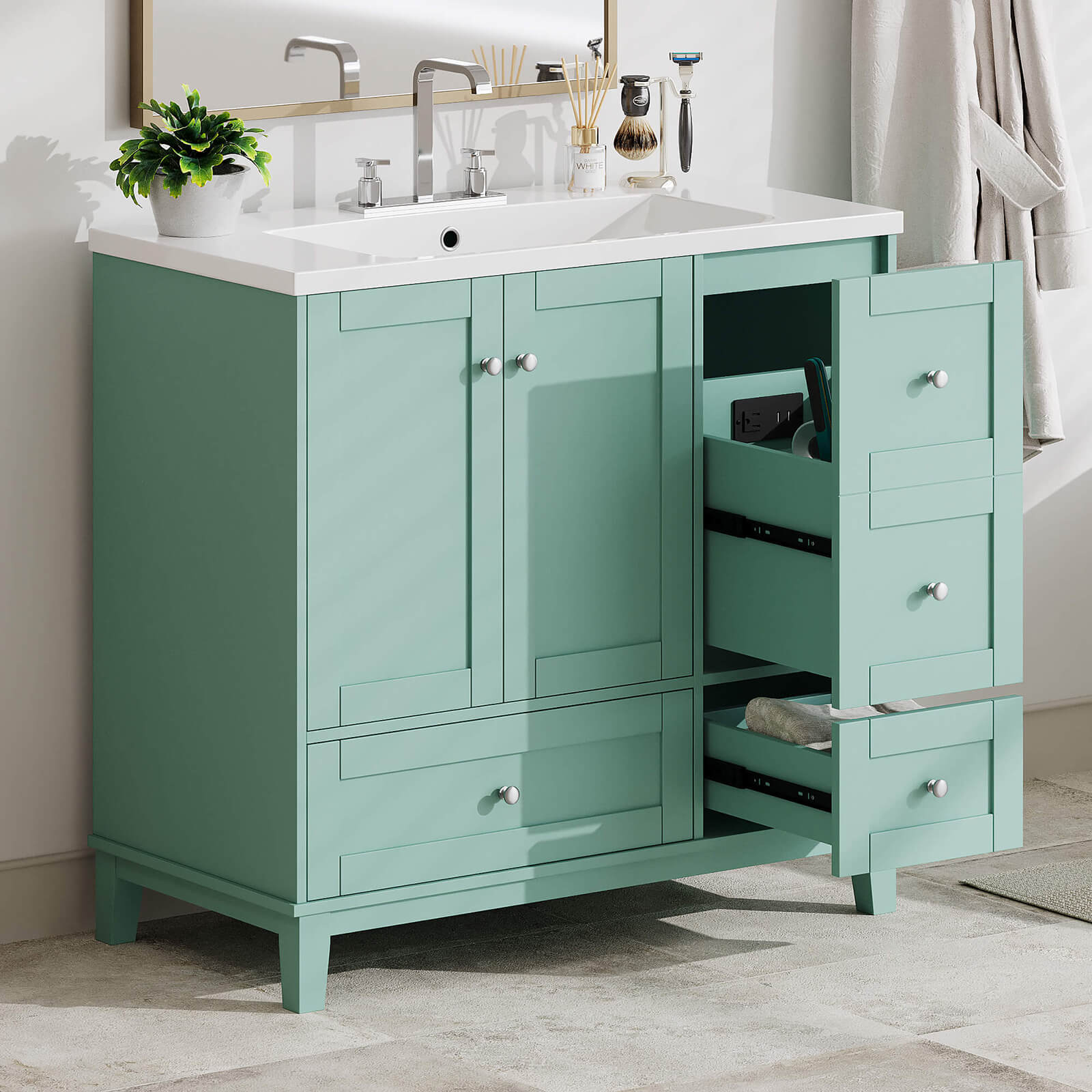 Modern mint green bathroom vanity with storage