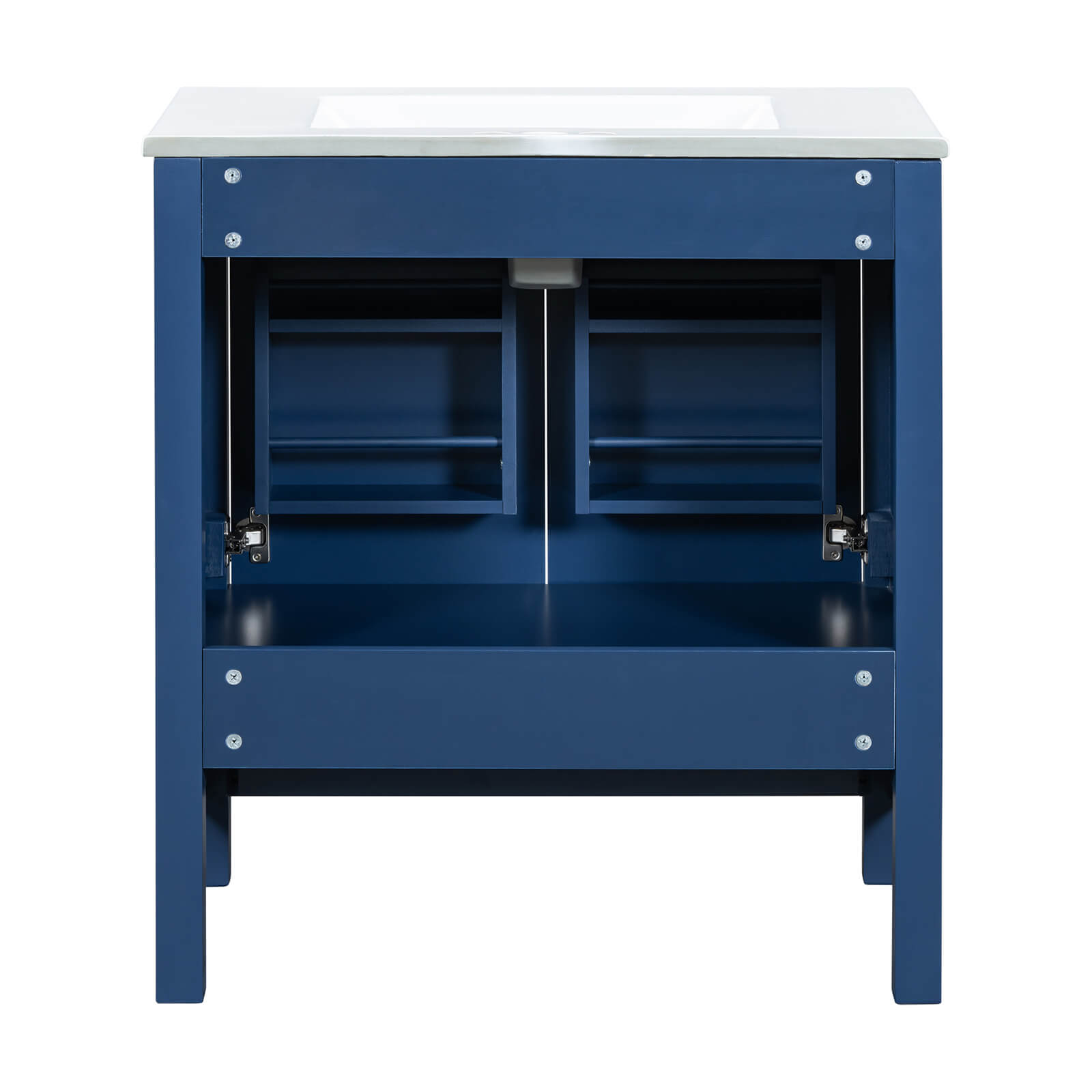 Modern vanity with blue finish and storage compartments