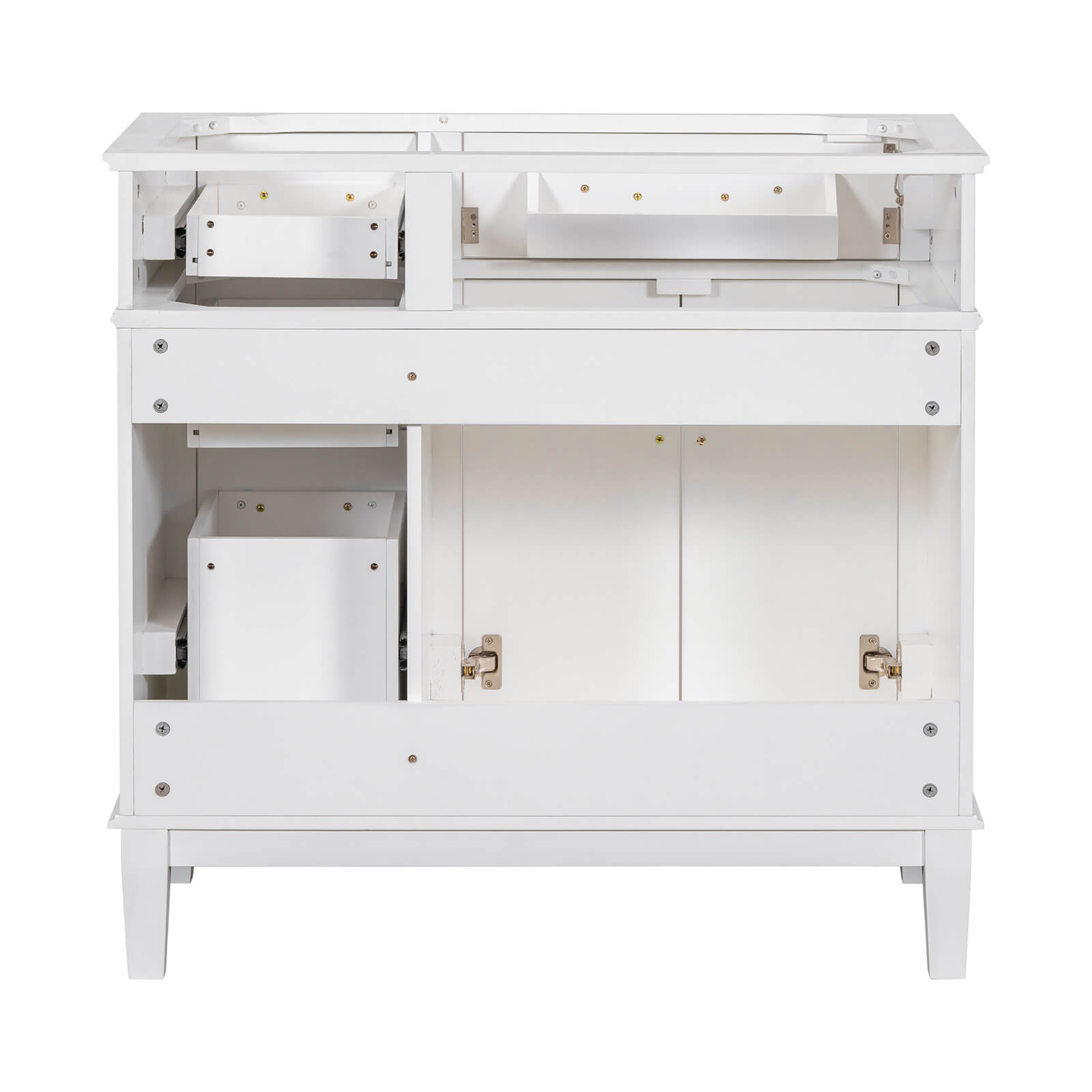 Modern white vanity with customizable surface and flip-out drawer