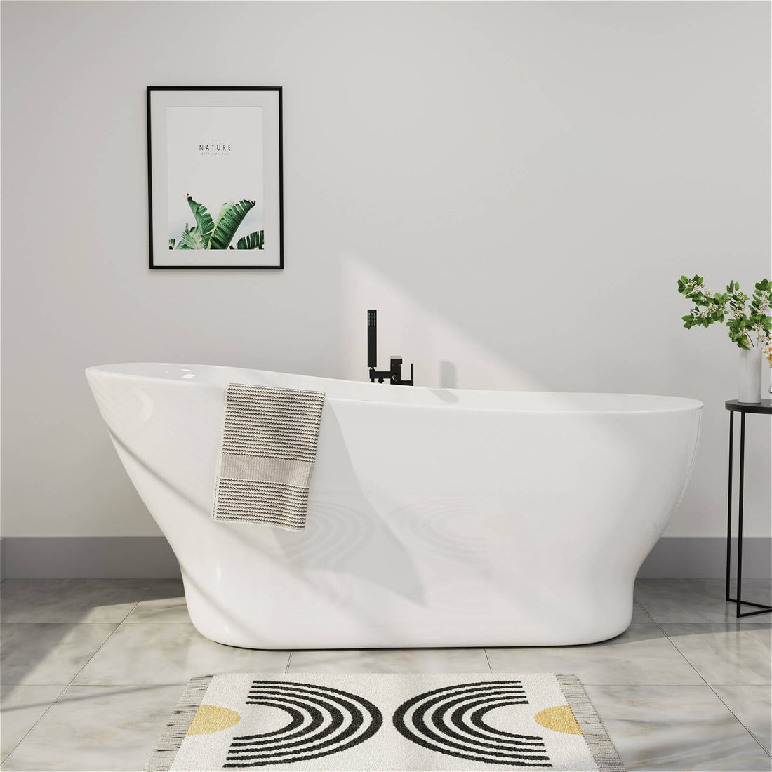 Mokleba Modern Bathroom 63 inch Acrylic Curve Freestanding Bathtub in White