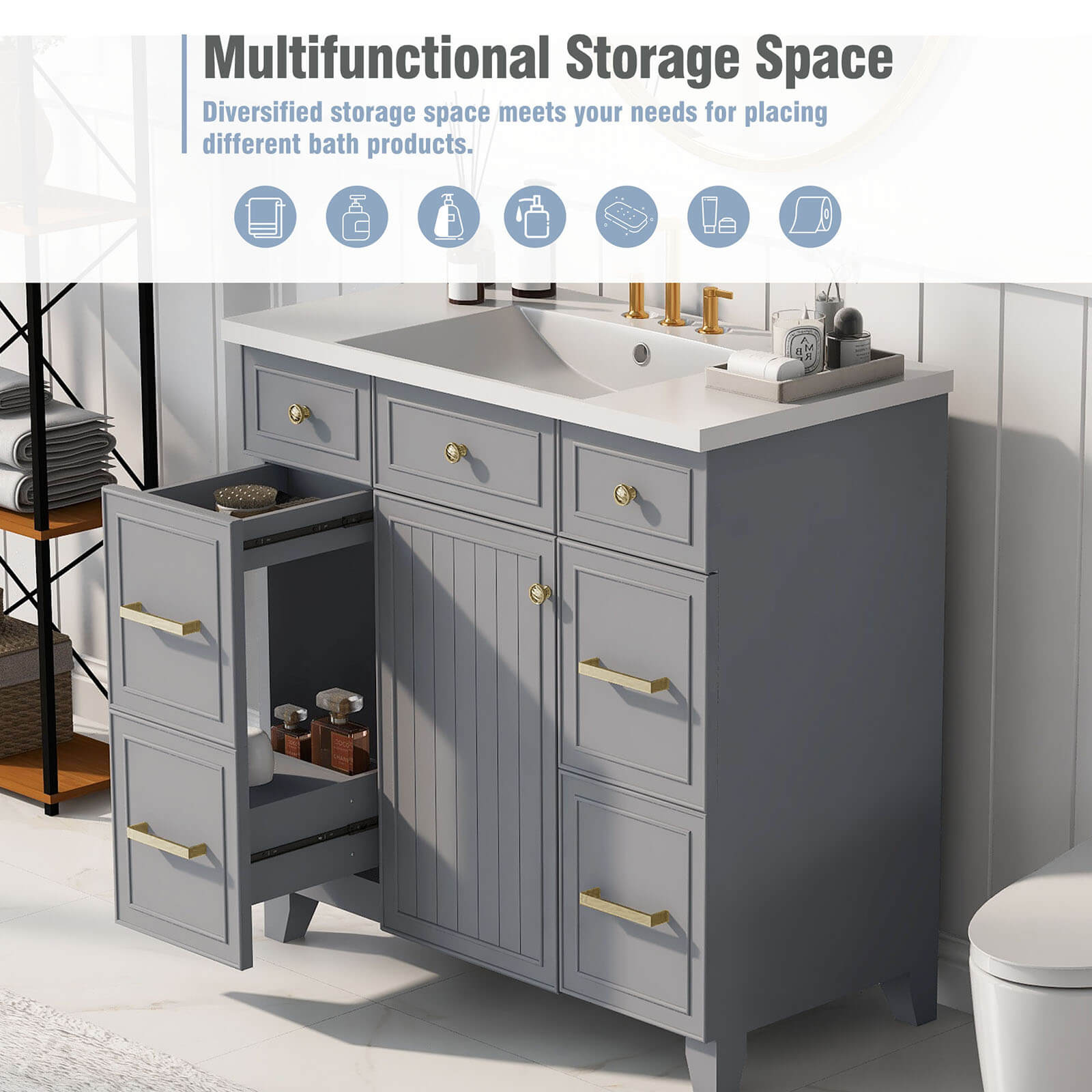 Multifunctional Storage Space with Integrated Resin Sink 36 Inch Grey Bathroom Vanity Description