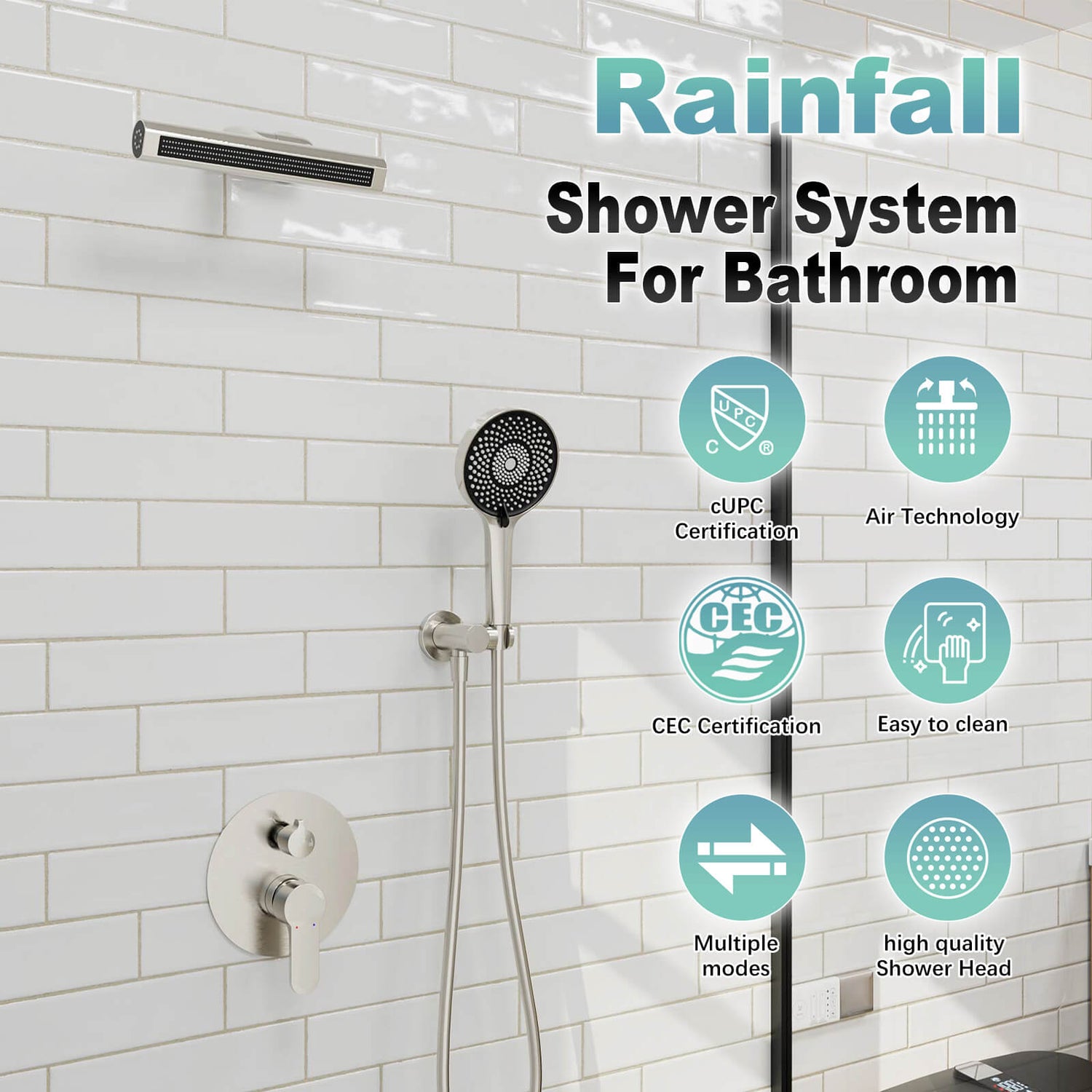 8&quot; Shower Systems with adjustable 3-Spray Cylindrical Shower Head And 6-Spray Handheld, Wall Mount