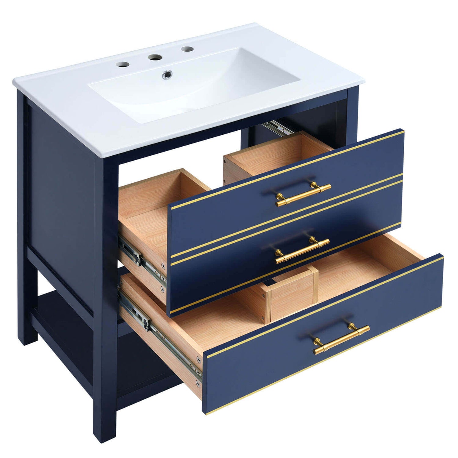 Navy Blue Bathroom Vanity with Open Drawers Showing Storage Compartments