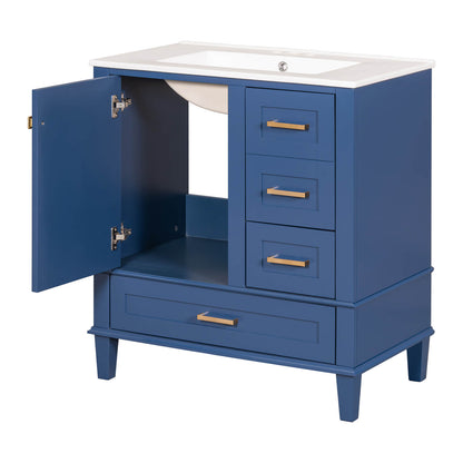 Navy blue bathroom cabinet with premium gold hardware