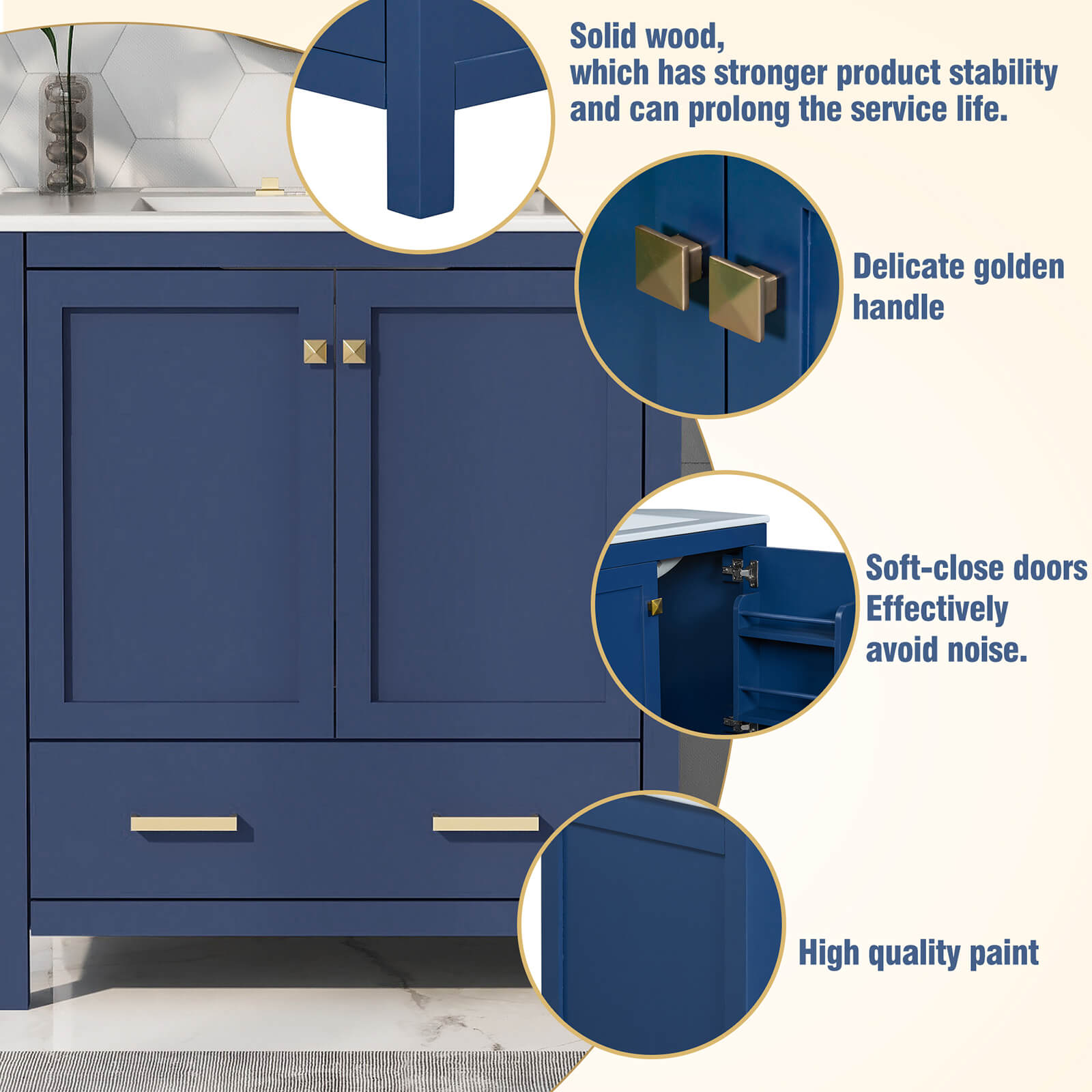 Navy blue bathroom vanity with clean contemporary design