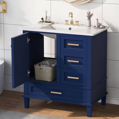 Navy blue solid wood bathroom vanity with white ceramic top