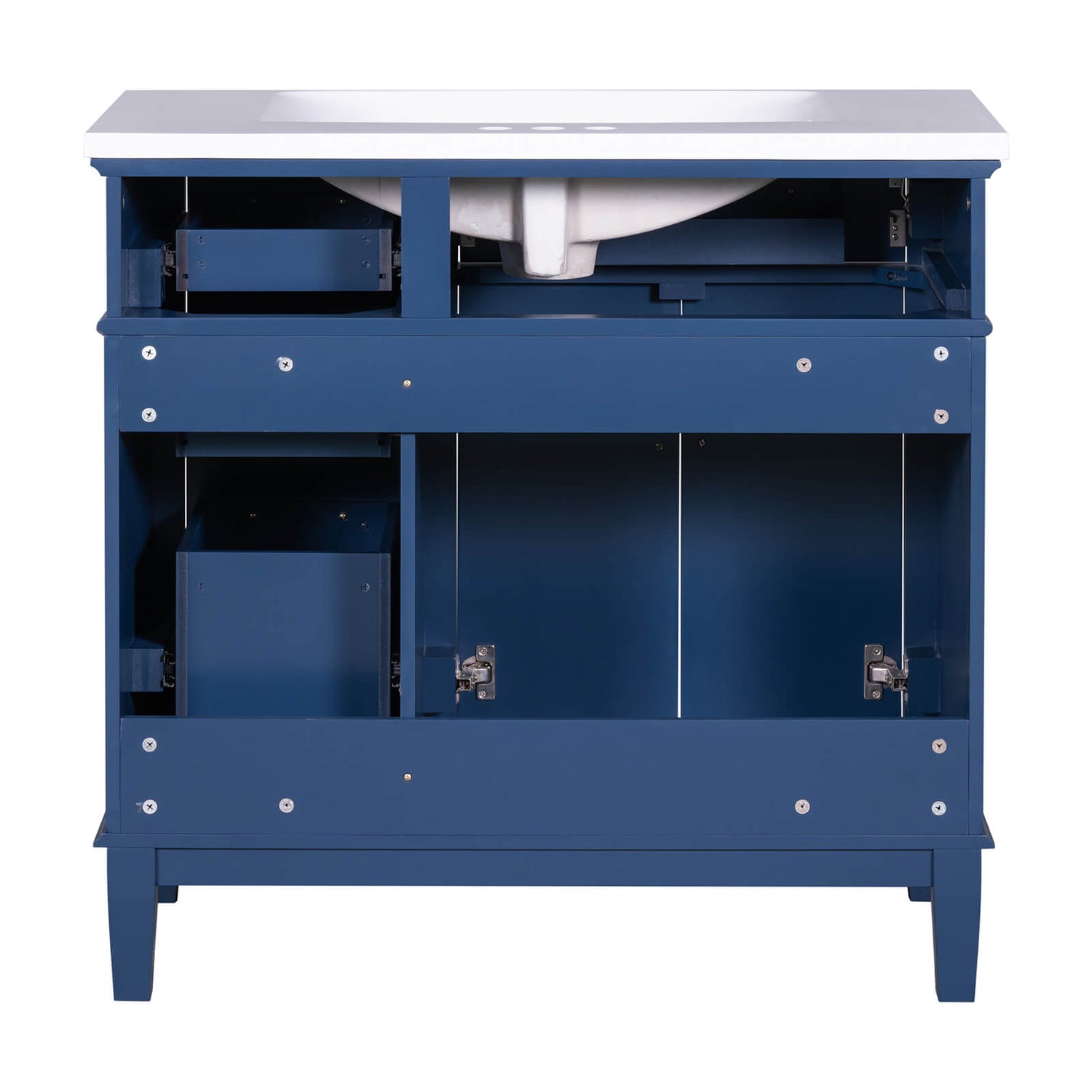 Navy blue vanity with soft-closing cabinet doors