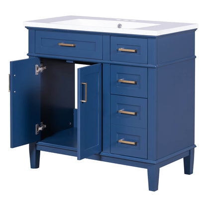 Navy blue vanity with soft-closing hinges for quiet use