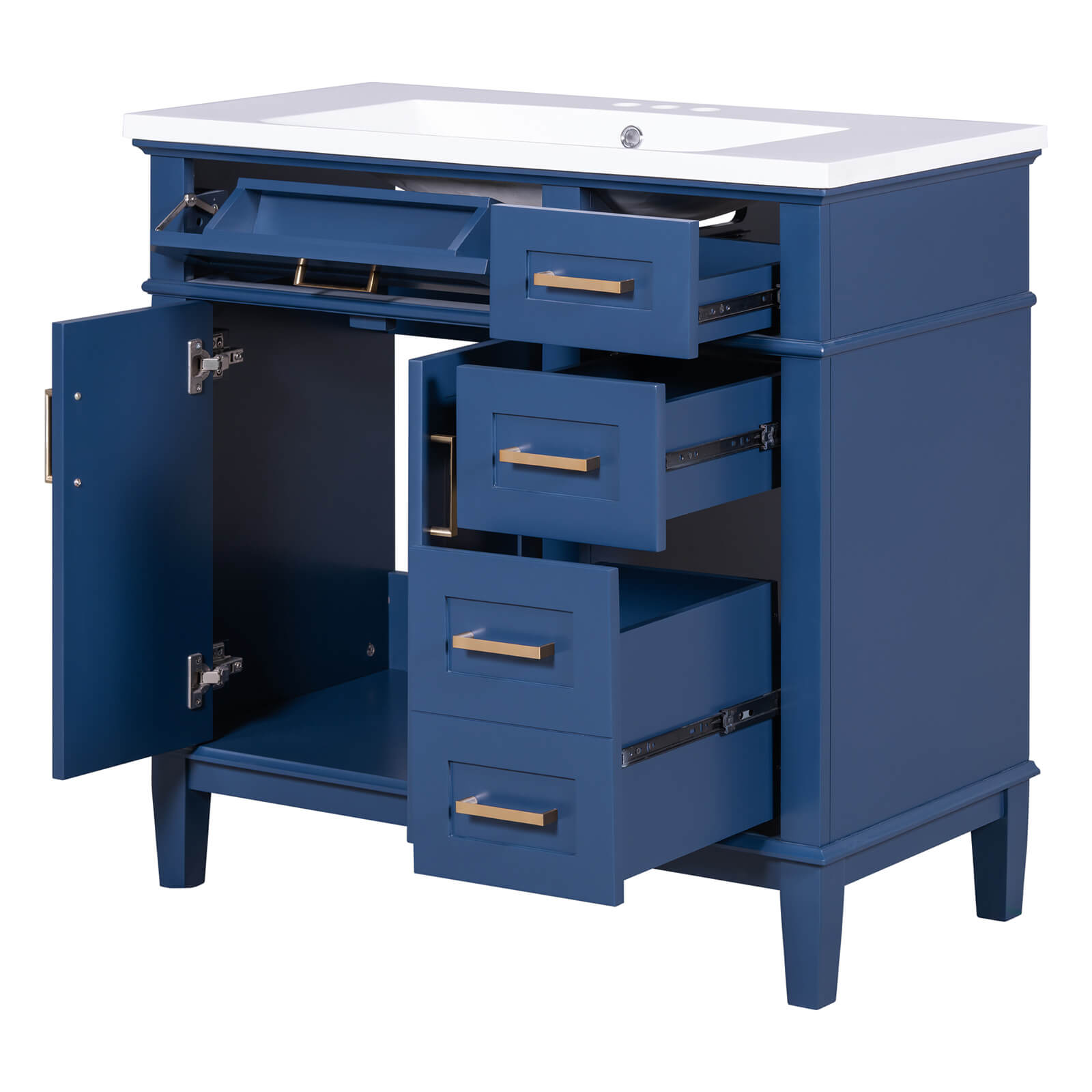 Navy blue vanity with three drawers and flip-out compartment