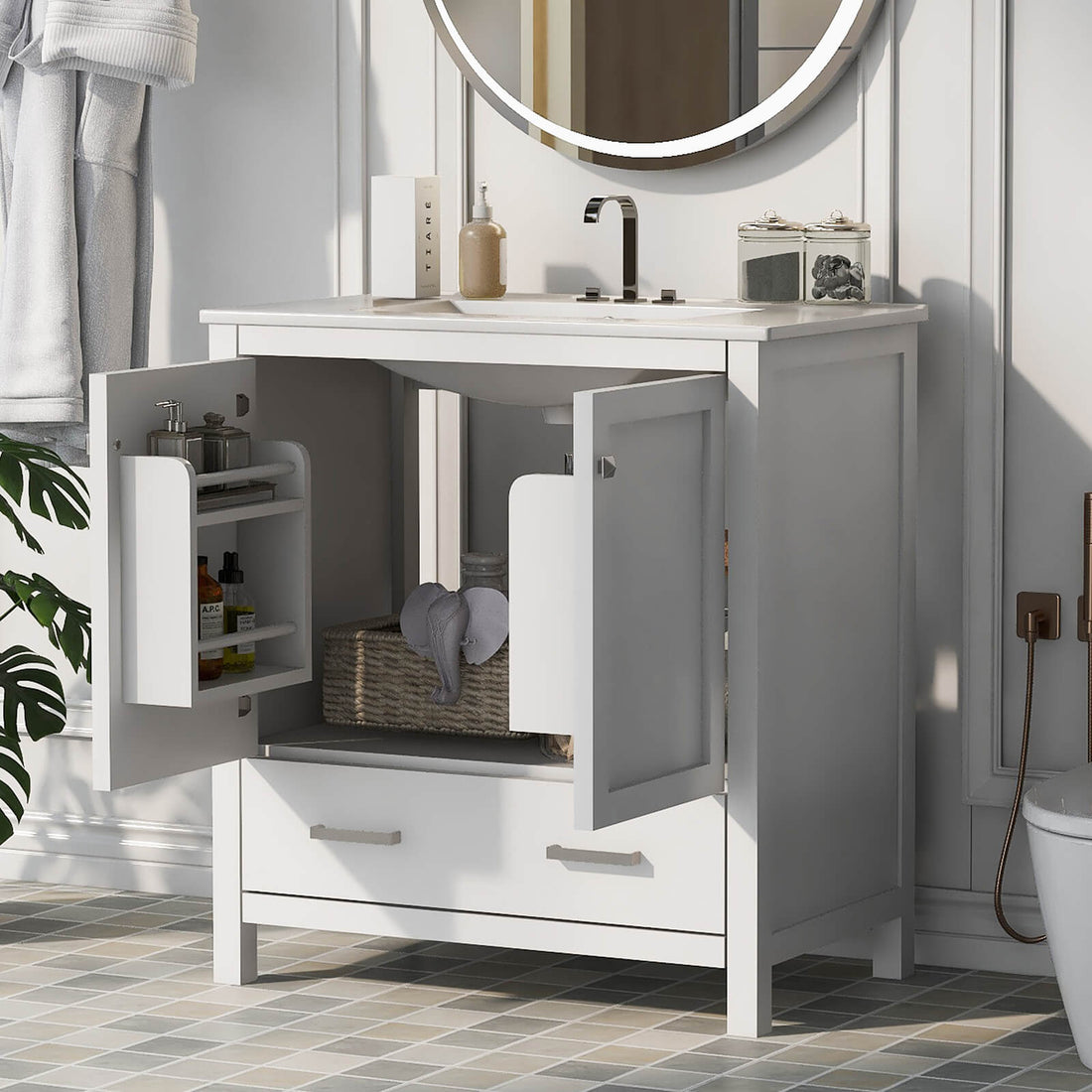 Open cabinet doors revealing the spacious interior and built-in shelf