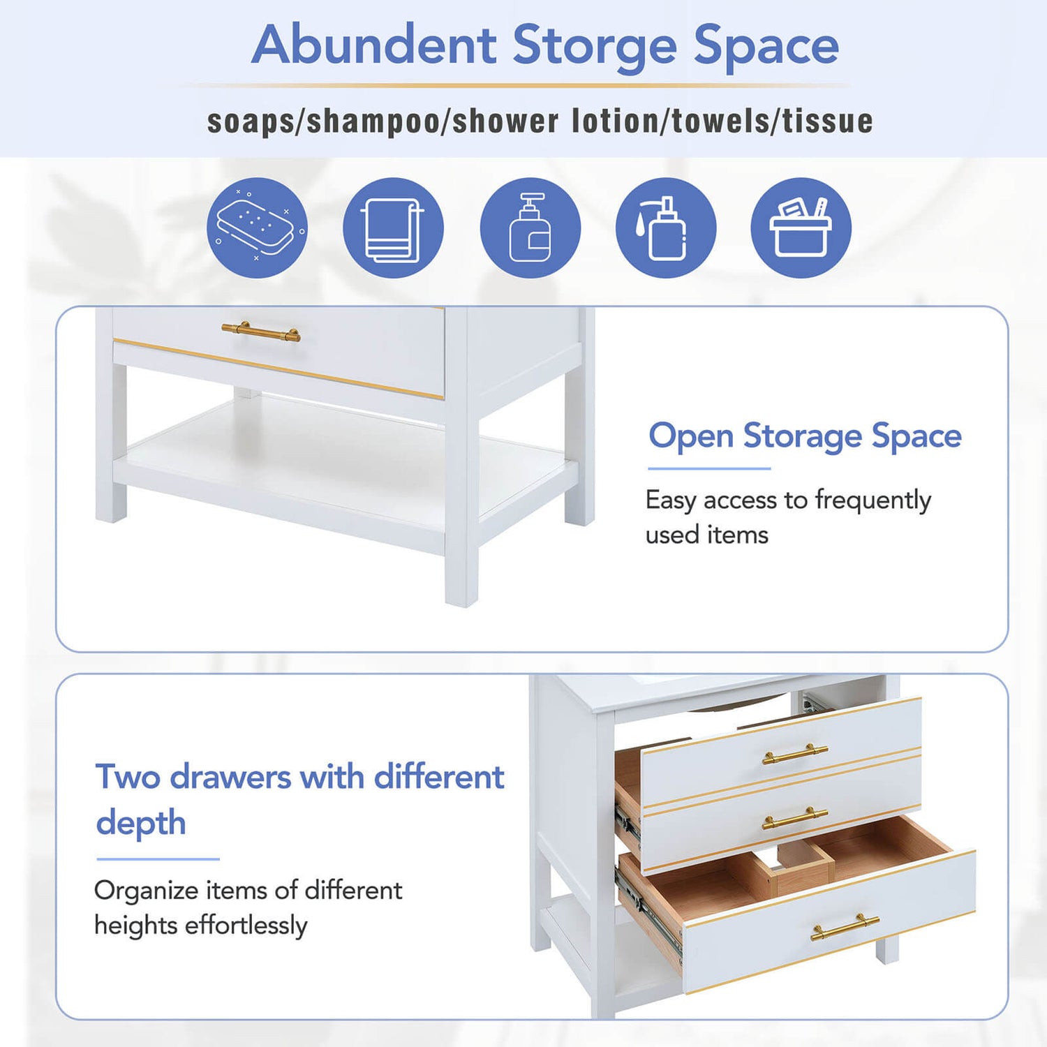 Open drawer showcasing the storage compartments inside the vanity