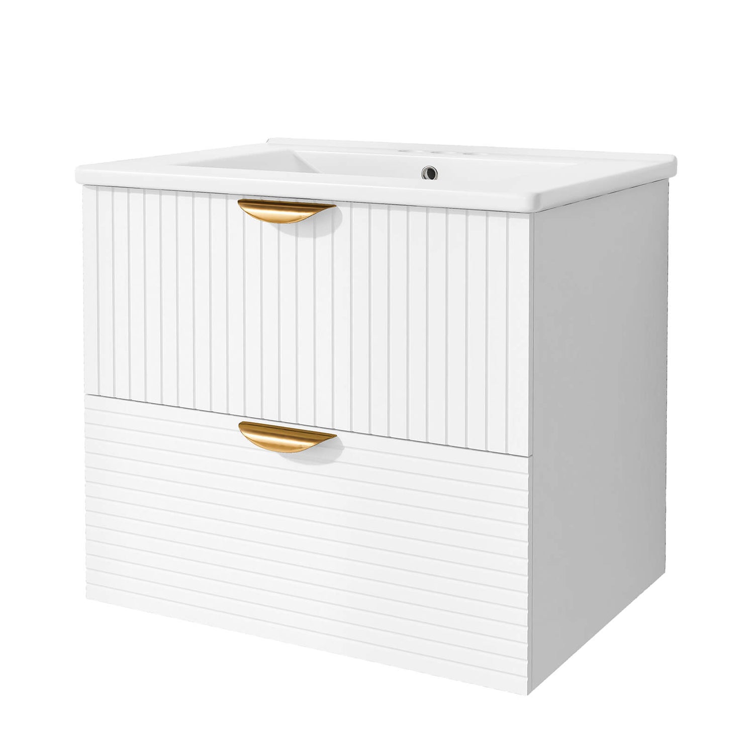 Open drawers of white floating bathroom vanity showing storage capacity