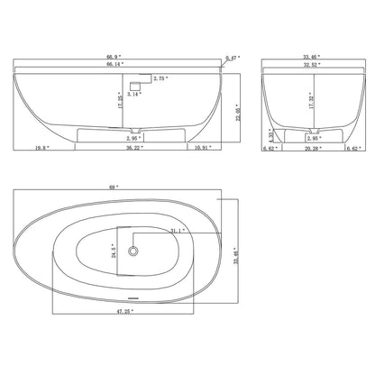 Outline drawing of the 67 inch orange egg shaped solid surface bathtub