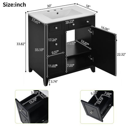 Overall Dimensions Specifications for 30 Black Bathroom Vanity with 2 Left Drawers