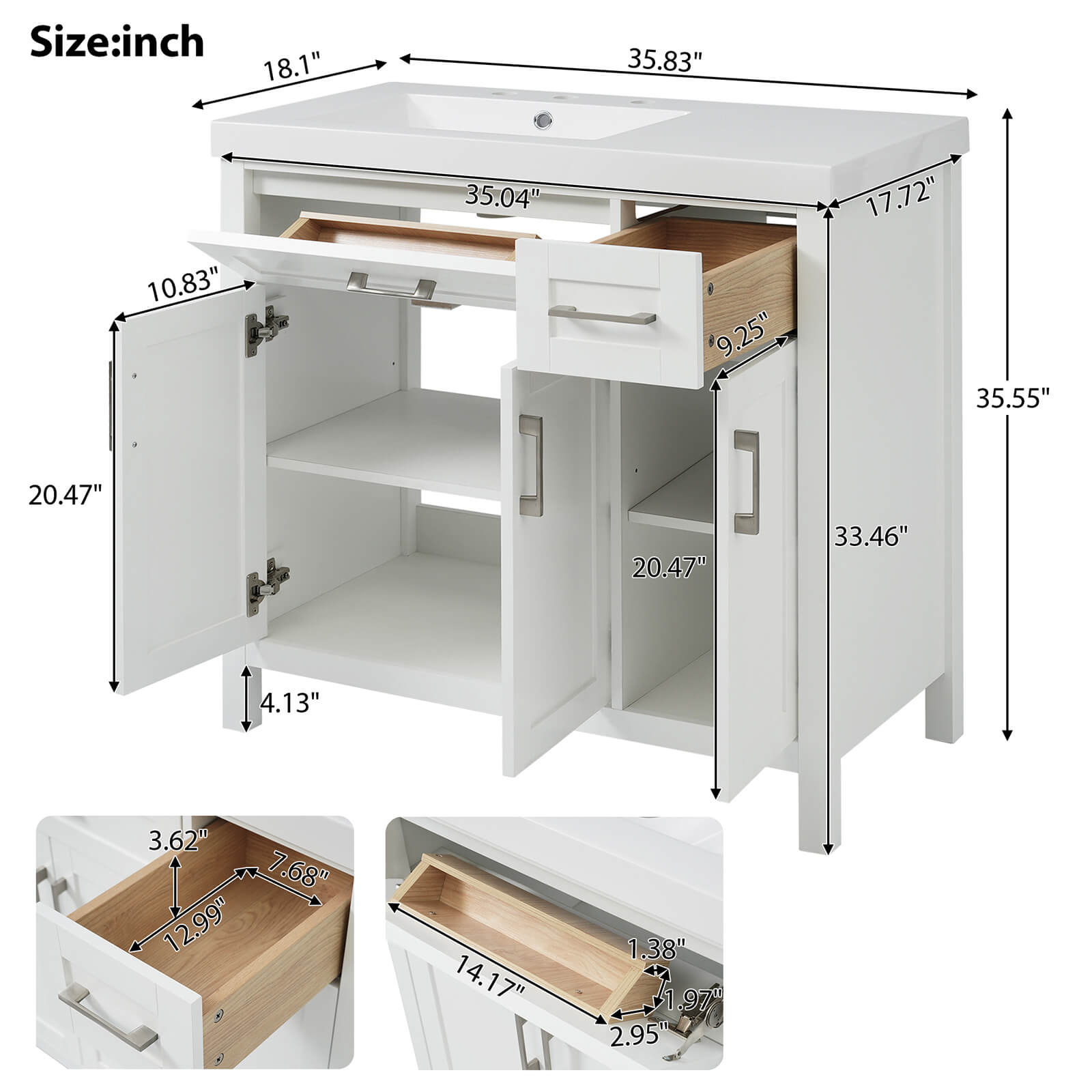 Overall Dimensions Specifications for 36 White Bathroom Vanity with Left Offset Sink