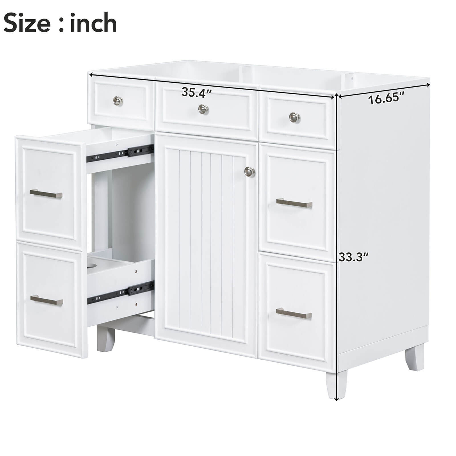 Overall Dimensions Specifications for a 36 inch White Bathroom Vanity Cabinet with 4 Drawers