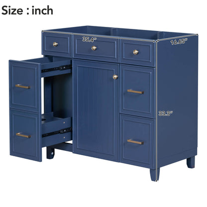 Overall dimensions and specifications of the door panels for the 36 inch blue bathroom vanity cabinet with 4 drawers are shown