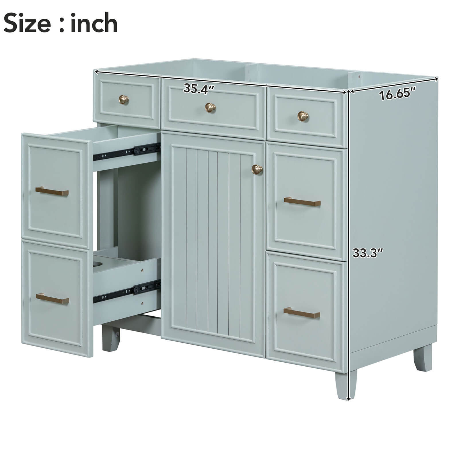 Overall dimensions of 36 inch green bathroom vanity cabinet with 4 drawers